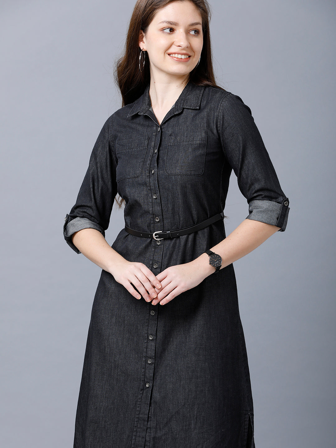 Enriquetta Mini Dress - Cotton Denim Long Sleeve Button Up Dress in Washed  Black | Showpo USA